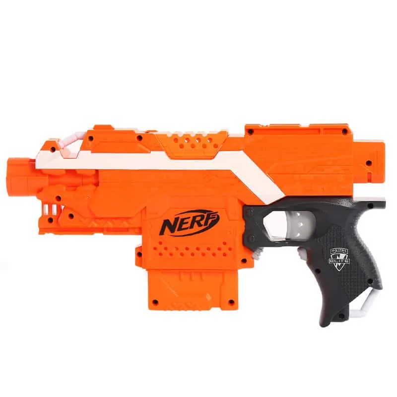 Profil droit du Nerf Elite Stryfe orange montrant la poignée, la détente et le compartiment moteur