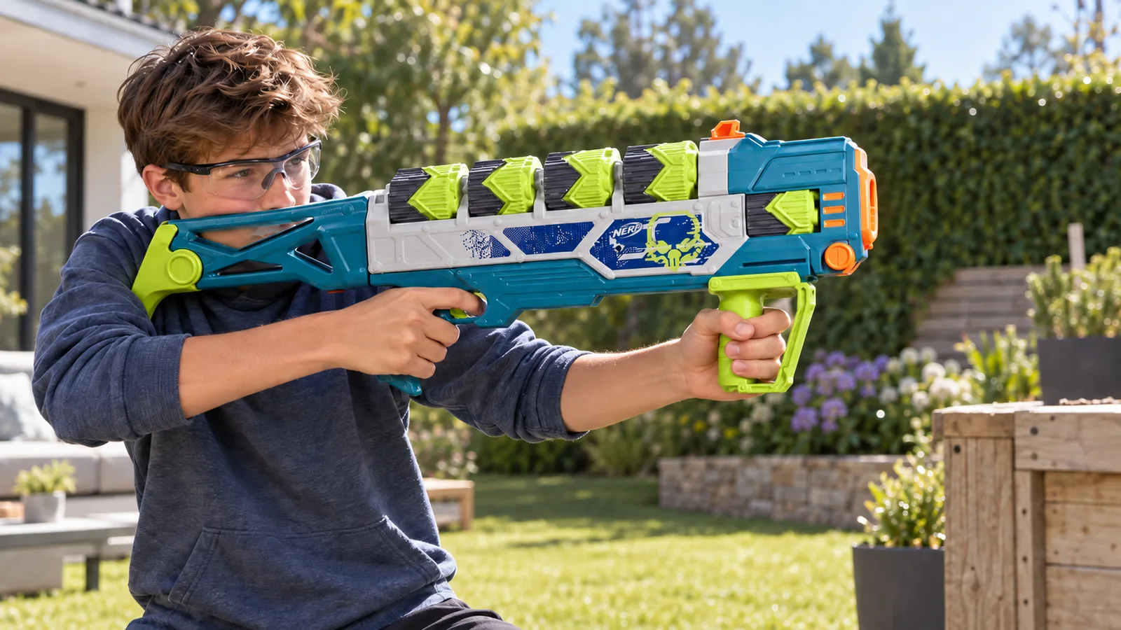 Adolescent utilisant le Nerf Rebel Ops Doom Cannon dans un jardin