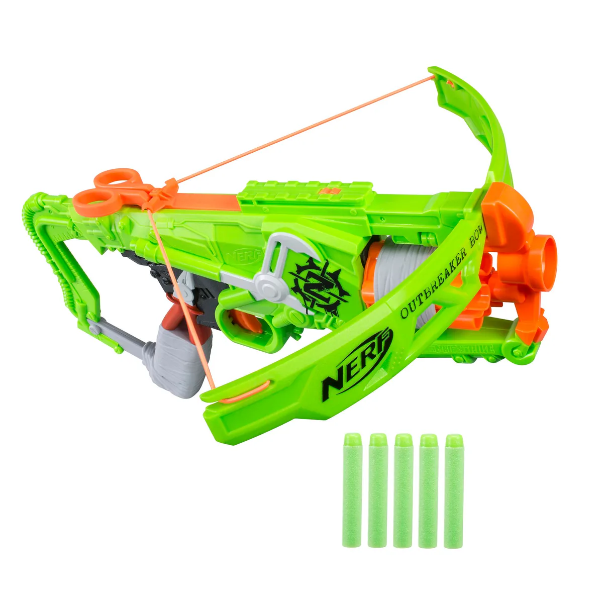 Nerf Zombie Strike Outbreaker Bow B9093 vert avec barillet orange et cinq fléchettes